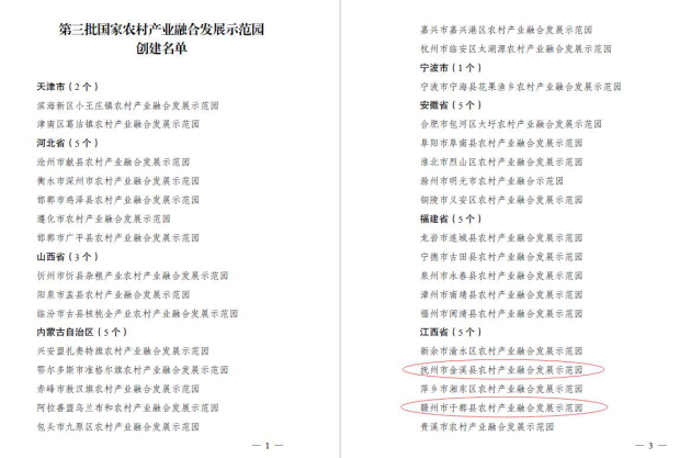 九游（体育门户）官方网站编制的金溪县、于都县农村产业融合发展示范园成功入选“第三批国家农村产业融合发展示范园”创建名单