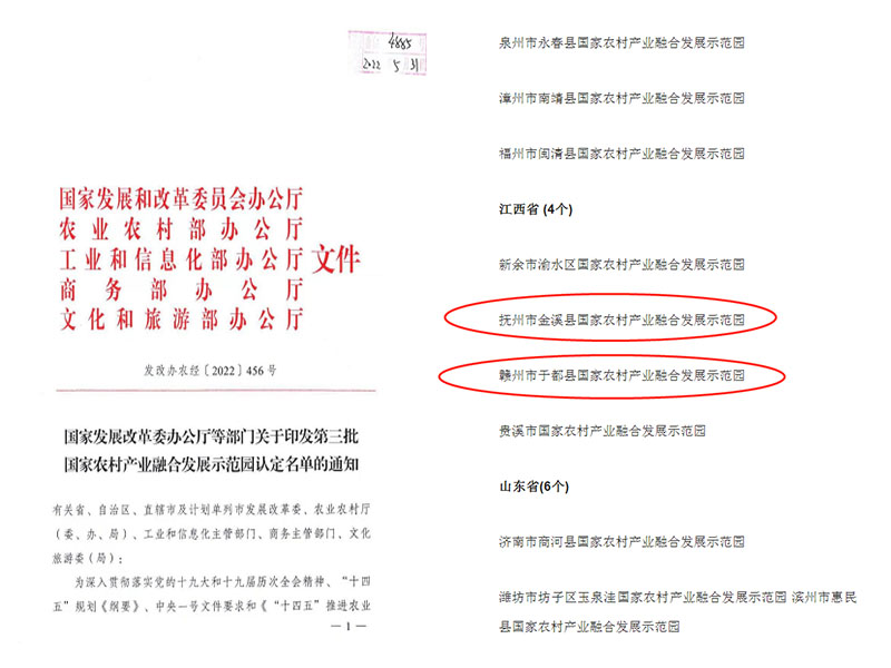 九游（体育门户）官方网站辅导申报的金溪、于都成功纳入第三批国家农村 产业融合发展示范园认定名单